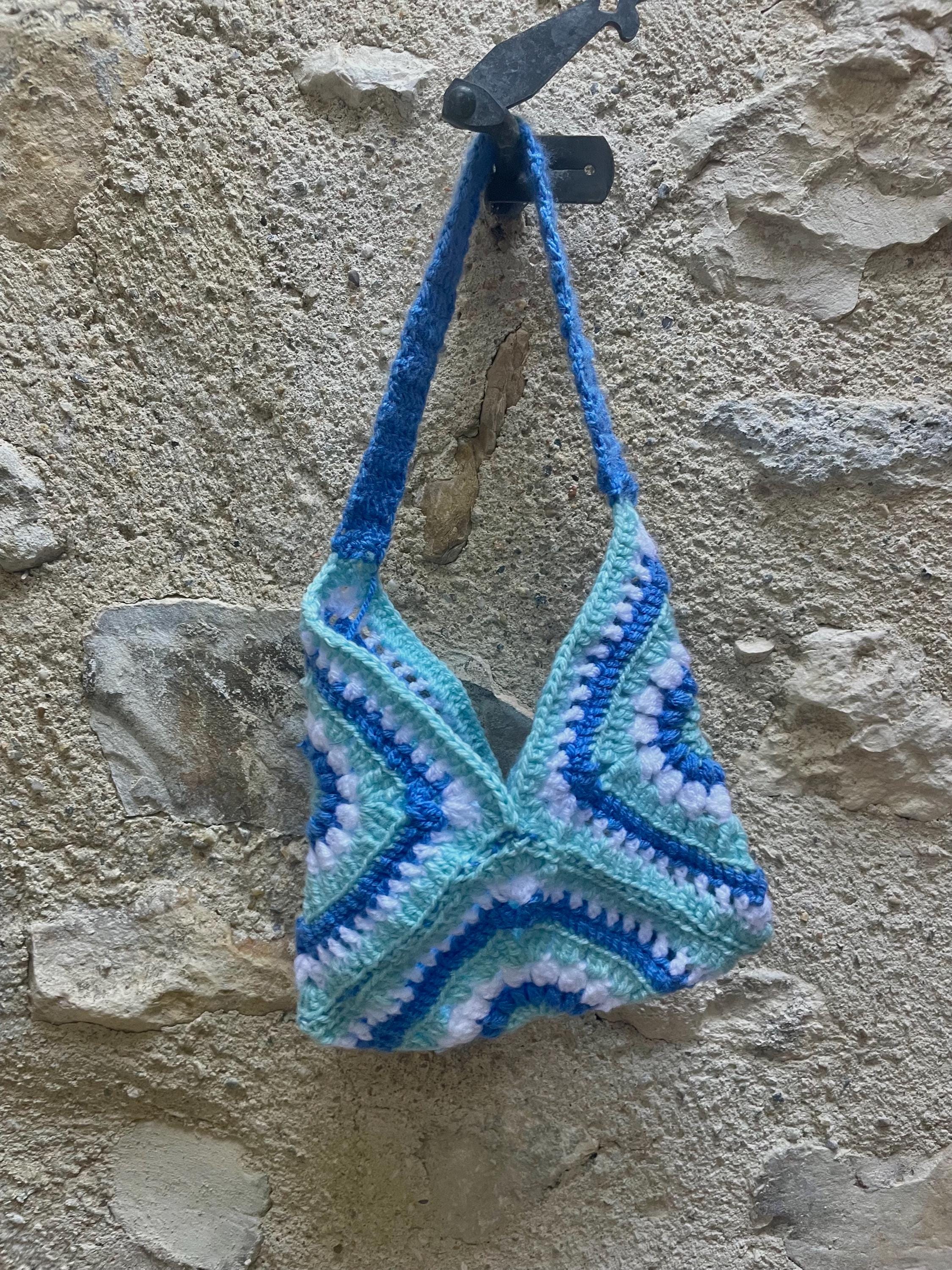 Sac à main au crochet fait main – Sac granny square bleu et blanc